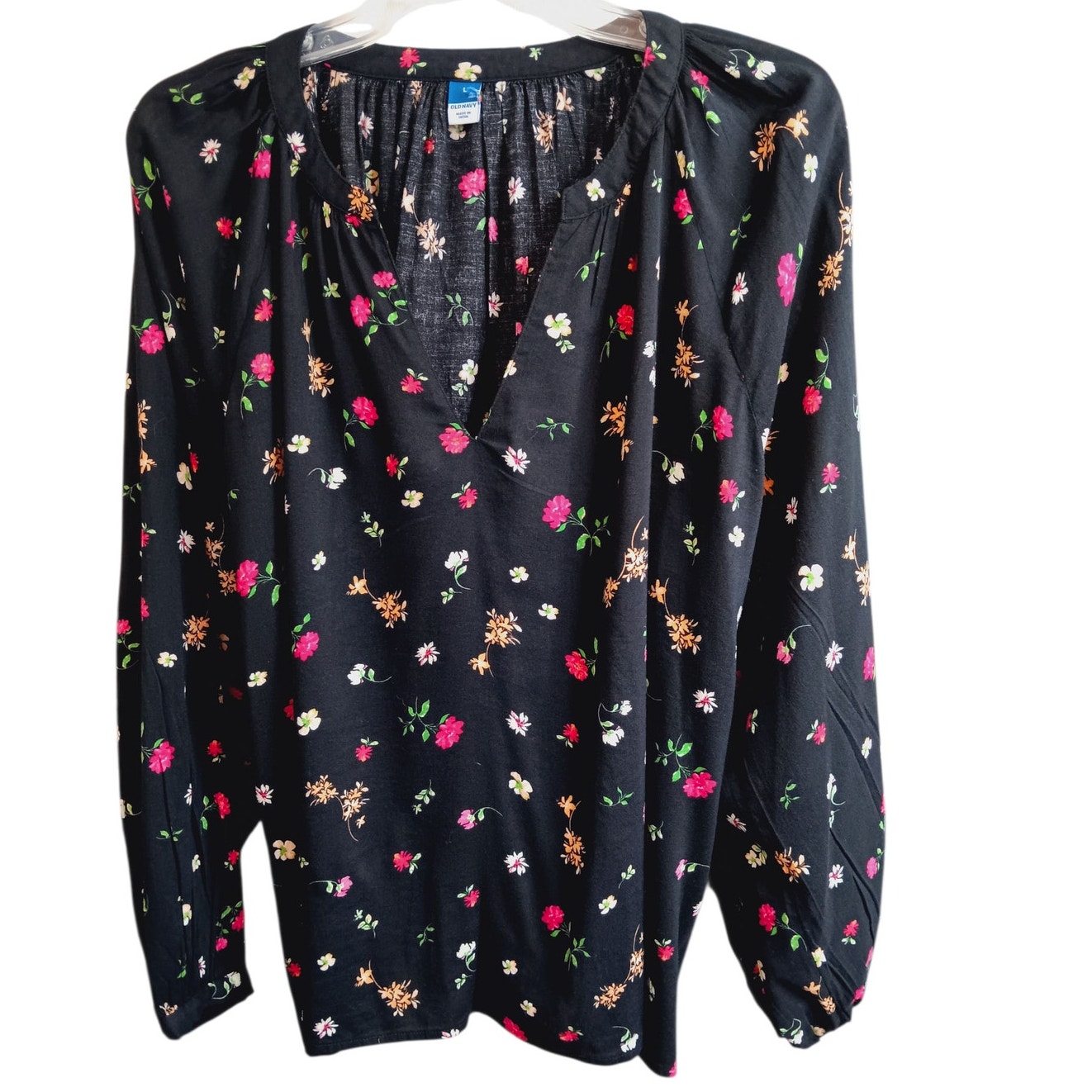 New Old Navy Black Floral Flowy Top Blouse Large Peasant Bloom Romantic Gathers
